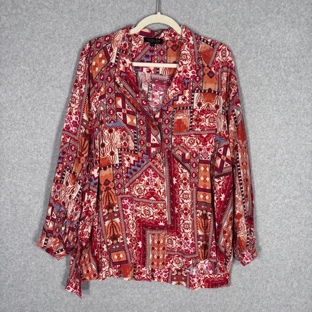 Rachel Zoe Southwest Aztec Shirt Blouse Red Bohemian Patchwork Tribal Western